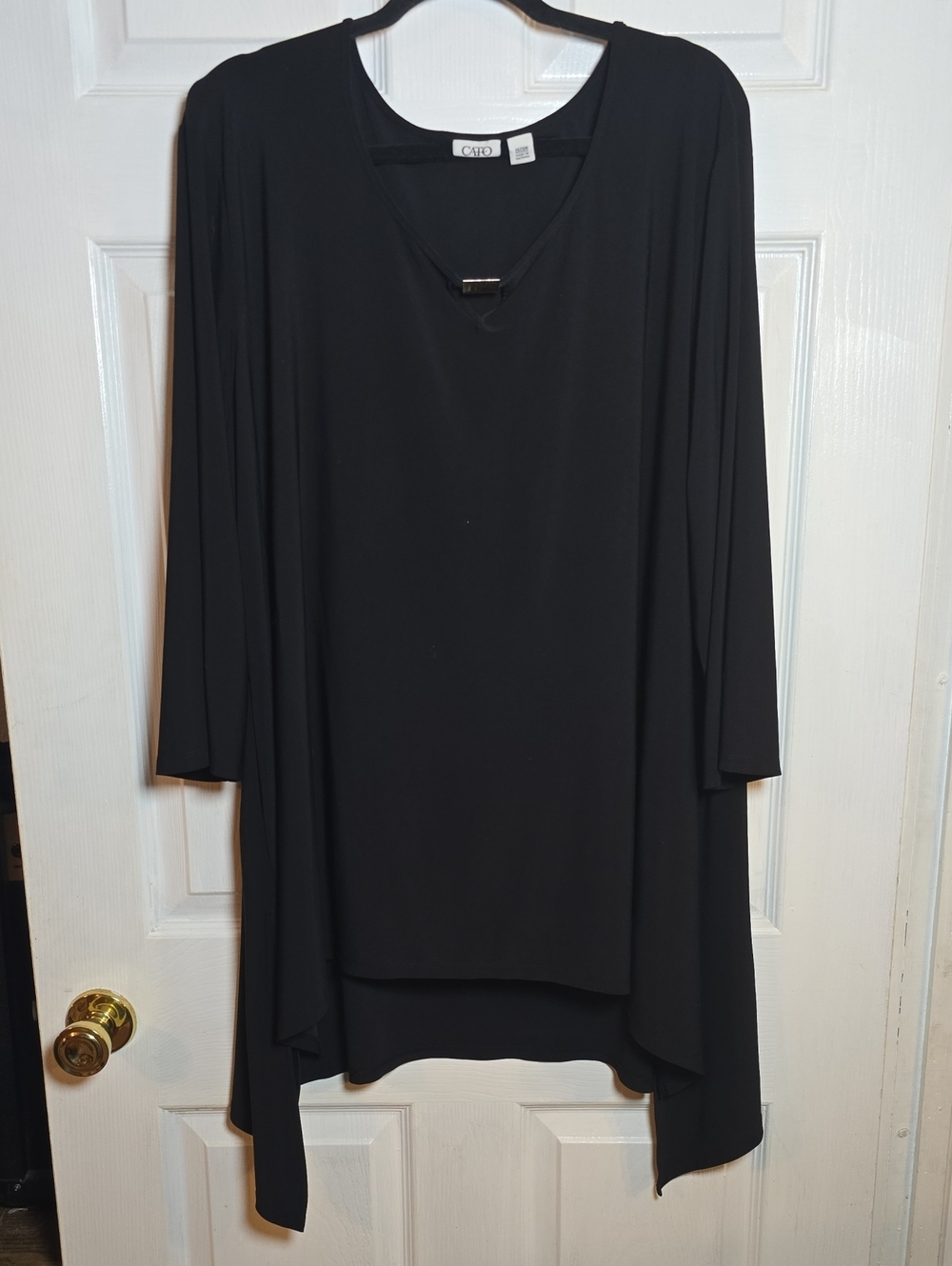 Cato 26/28W Black Draped V-Neck Tunic with Metallic Accent